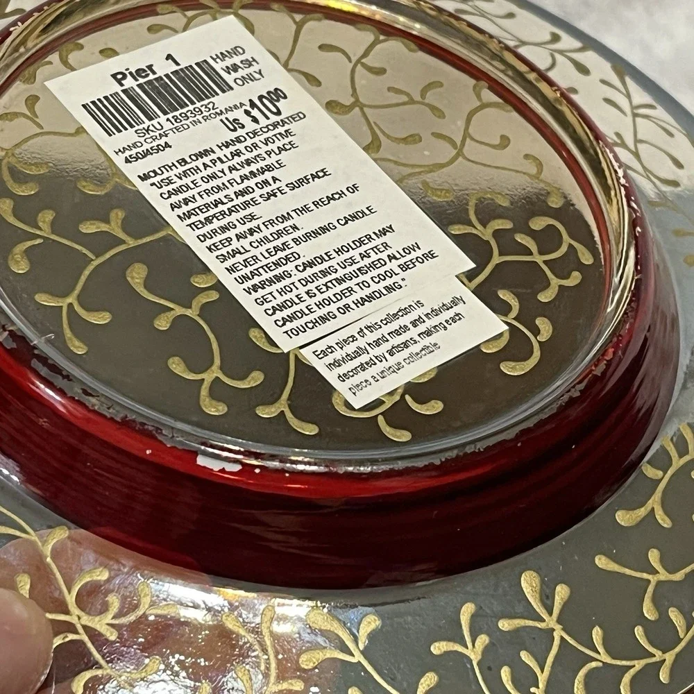 Vtg Pier 1 Rioja Red & Gold Scroll Plate Candle Dish 6